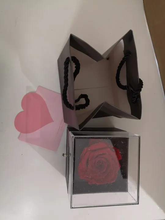 Купити троянда з намистом в коробці +відкритка та подарунковий пакет (намисто зі золотистим завитком любові) (17)