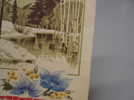 Открытка 8 марта природа березы река цветы художник И. Дергилев 1968 год №17944 Де купити