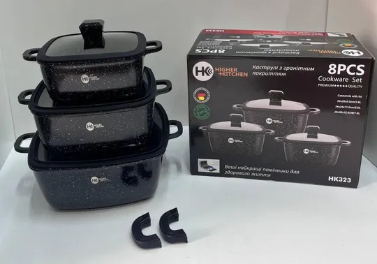 Купити Набор квадратных кастрюль с силиконовыми крышками и  5-ти слойным дном Higher Kitchen HK-323 Черный
