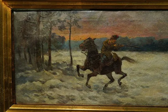 Купити Картина в раме подписная старинная охота погоня всадник отбиваетя от стаи волков, холст масло №27