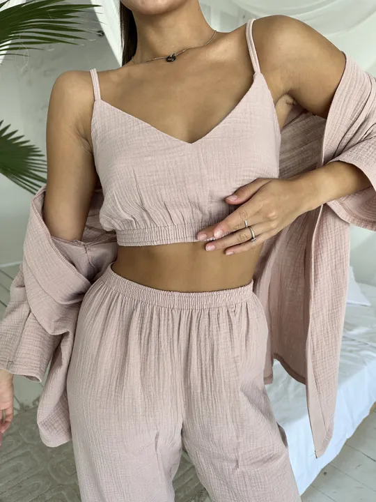 Комплект для дому і сну трійка з мусліну, халат кімоно, топ і штани бежевий Продаж