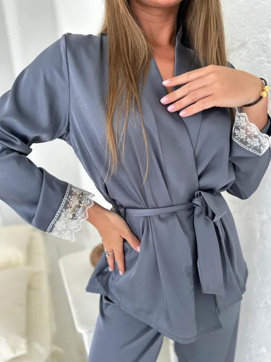 Комплект шовковий для дому четвірка халат, майка, шорти і штани Christel 134 графіт сірий, розмір M Де купити