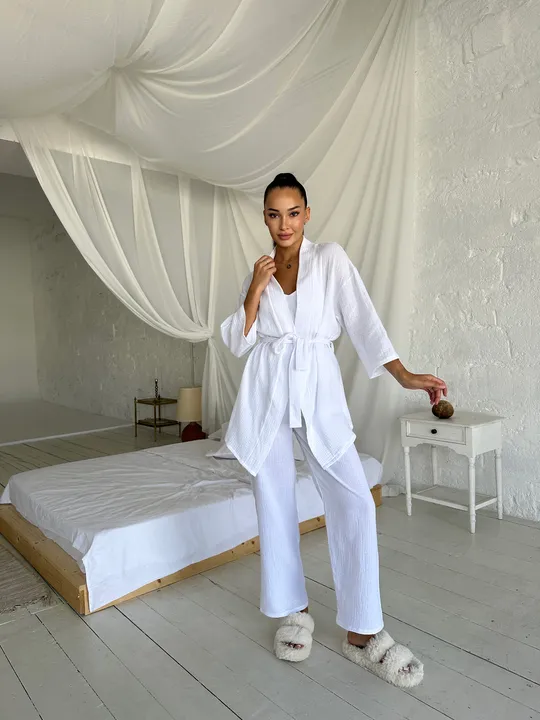 Комплект для дому і сну трійка з мусліну, халат кімоно, топ і штани білий Характеристики