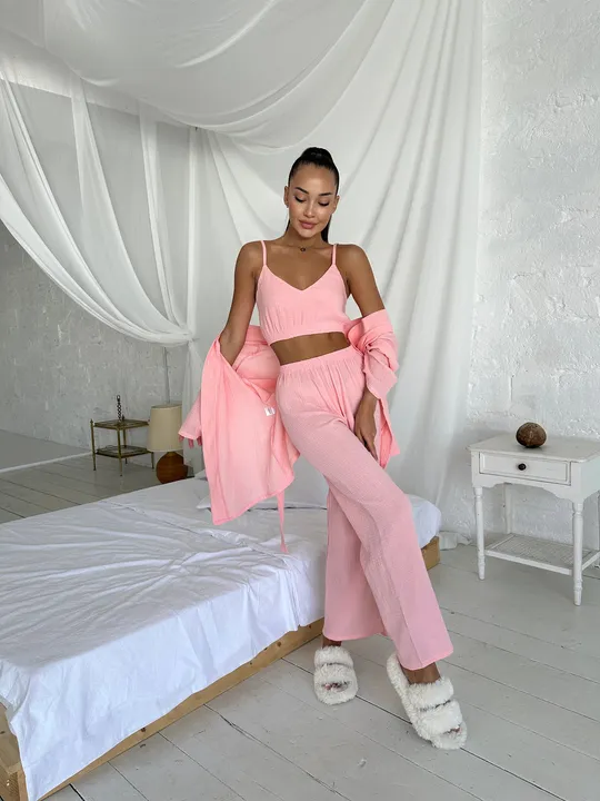 Купити Комплект для дому і сну трійка з мусліну, халат кімоно, топ і штани персиковий