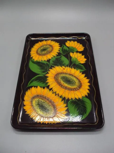 Поднос петриковская роспись узор подсолнухи дерево высота 2,1 см, размер 21 х 31 см №13402 Ціна