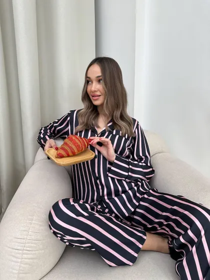 фото, Комплект домашній костюм сорочка і штани Christel 129 шовк Армані в смужку чорний S