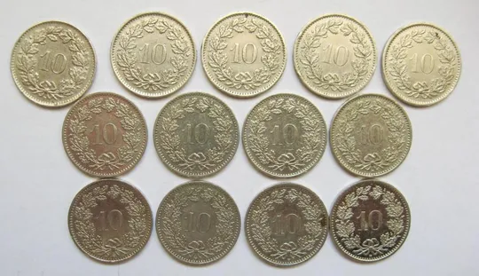 Купити 10 рапенів  = набір по роках = ШВЕЙЦАРІЯ = 13 монет = див. опис