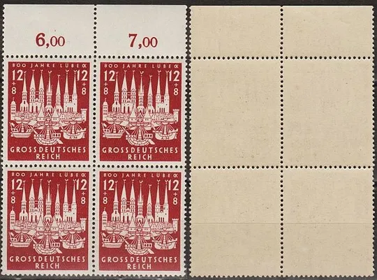 1943 - Рейх - 800 років Любека Mi.862 _Кварт-блок _Поля ** Ціна