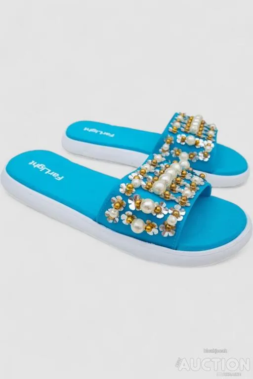 Шлепанцы женские с бусинами, цвет бирюзово-белый, 243R8459-1 З аукціону