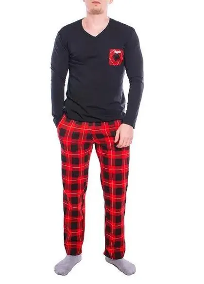 фото, Піжама чоловіча лонгслів і штани Bono 100% бавовна інтерлок чорний/червоний розмір 50