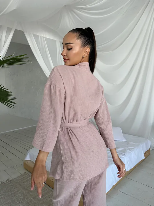 Комплект для дому і сну трійка з мусліну, халат кімоно, топ і штани бежевий Характеристики