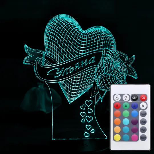 Акриловий світильник-нічник з пультом 16 кольорів Серце з ім&#039;ям tty-n001449 Ціна