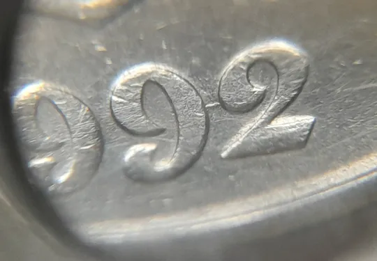 (5576) 50 копійок 1992 1БАм царапина штемпеля у році карбування на аверсі (50 копеек 1992 1БАм брак) Ціна