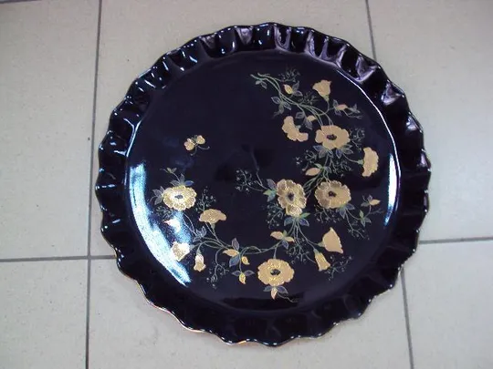 Поднос черный фарфор полонное узор цветы позолота диаметр 32,3 см №11675 Ціна