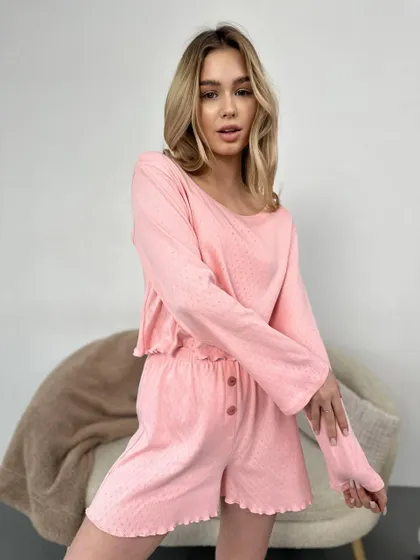 фото, Комплект домашній шорти і кофта 100% бавовна персиковий