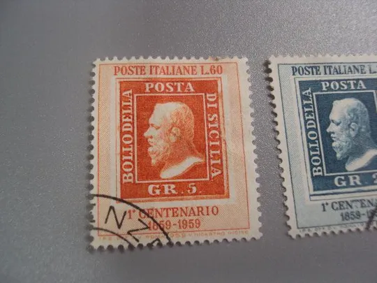 Купити марки Италия 1959 стандарт личности 100-летие марки Сицилии люди марка на марке лот 2 шт гаш №2687