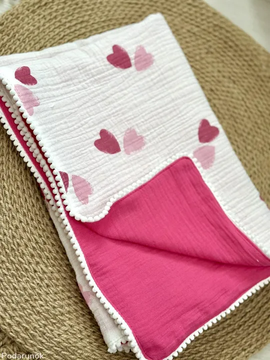 Купити Плед муслиновий 100% бавовна дитячий 70*100 см (різні кольори) малиновий сердечки