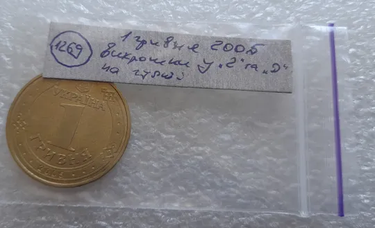 (1269) 1 гривня 2005 викрошки у '2' та 'Д' на гурті (1 гривна 2005) в Україні