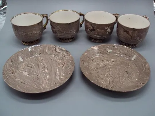 Чашки и блюдца тарелки мраморный фарфор колерон Федяшин лот 4 чашки и 2 блюда №13404 Ціна