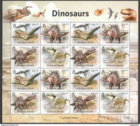 Соломоновы острова-Динозавры-2012. Чистый Уникальный Лимитированный Лист из 16 марок.MNH. Ціна