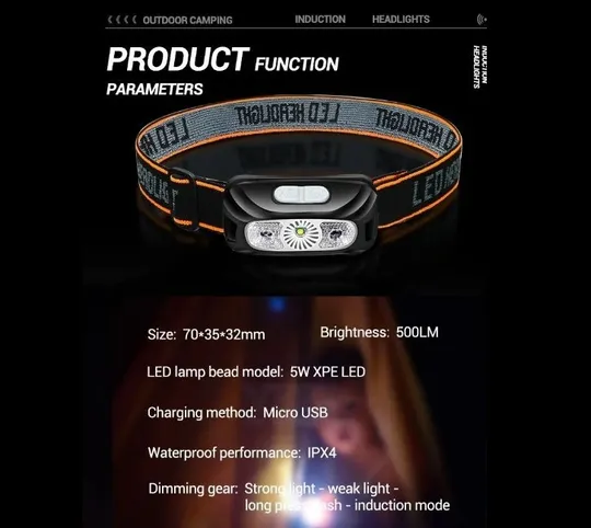 Купити Налобний ліхтарик з інфрачервоним датчиком руху + вбудований акумулятор