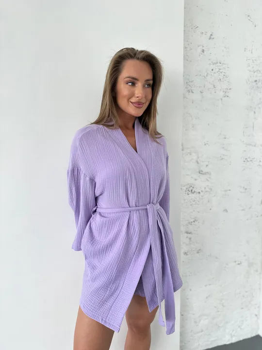 Комплект для дому і сну трійка з мусліну, халат кімоно, топ і шортики лавандовий Де купити