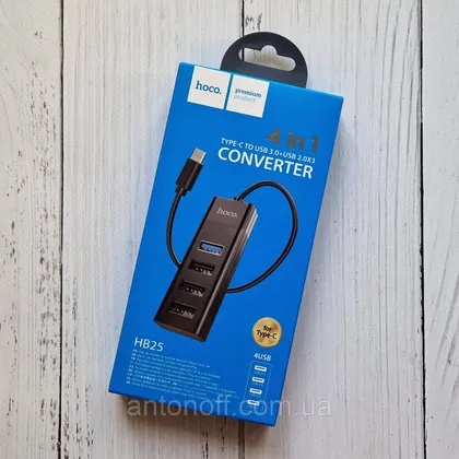фото, USB хаб адаптер Hoco HB25 4in1 (Type-C to USB3.0 + 3xUSB2.0) Чорний