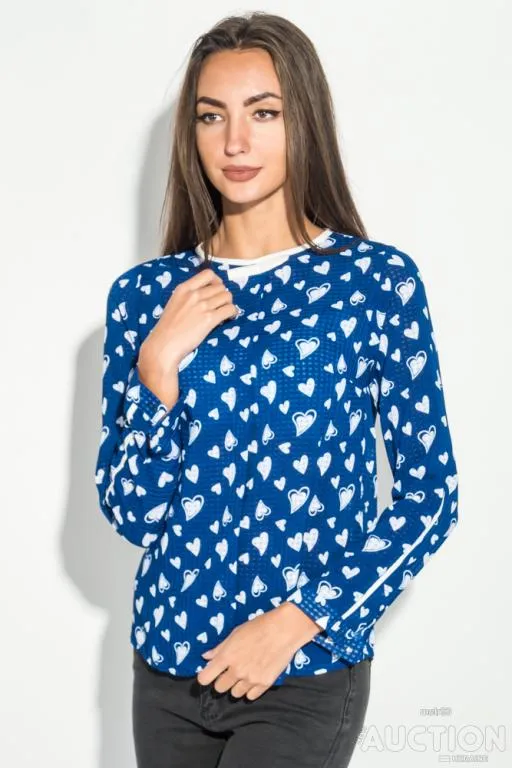 Блуза с длинным рукавом, сине-белого цвета в принт сердце, 115R170 Ціна