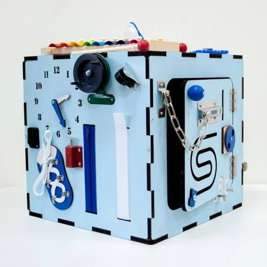 Бизикуб 30x30x30см, 33 элемента, Голубой (Развивающий бизиборд для детей) Де купити