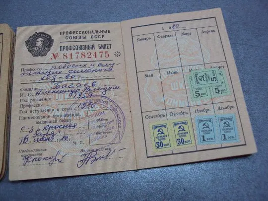 документ профсоюзный билет лот 2 шт №1691 Продаж