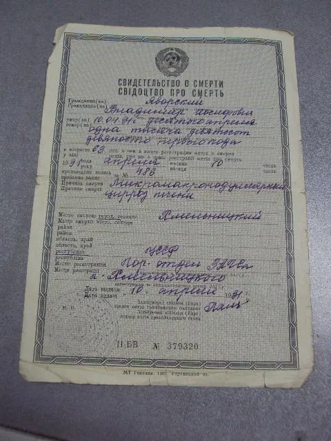 Купити документ свидетельство о смерти 1991 №2920