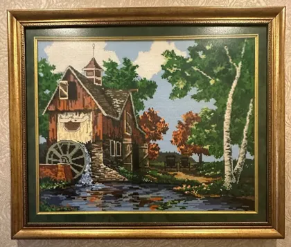 фото, Картина вишита хрестиком, нитками, оформлена в рамку з паспарту та склом, "Млин", 90×75
