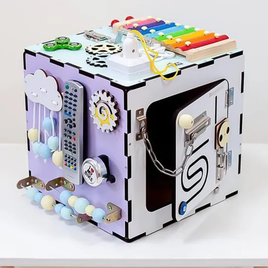 Купити Бизикуб 30x30x30см, 33 элемента, Разноцветный (Развивающий бизиборд для детей)