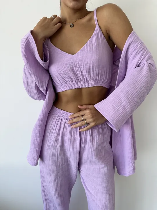 Купити Комплект для дому і сну трійка з мусліну, халат кімоно, топ і штани лавандовий розмір L