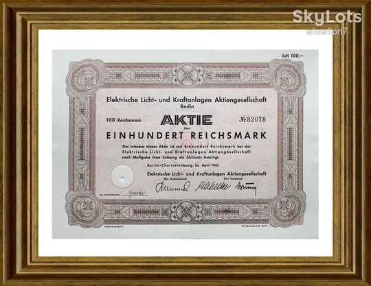 Акція на 100 RM Elektrische Licht- und Kraftanlagen AG Berlin 1943 Німеччина Mt 22 З аукціону