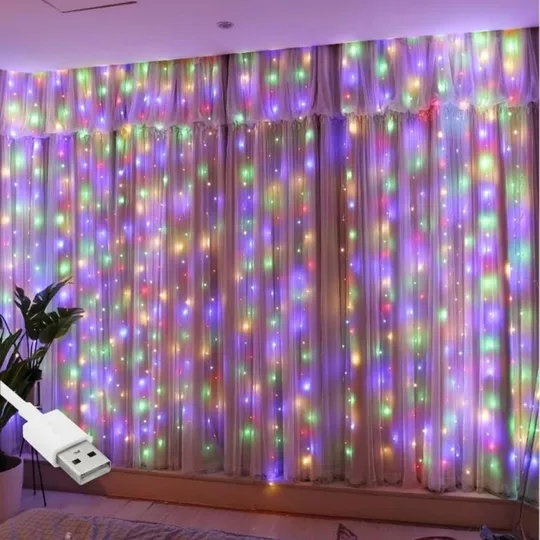Гирлянда штора &quot;Роса&quot; от USB, 3x3м, 300 LED, 10 нитей, 8 режимов, IP44 Мультиколор Ціна