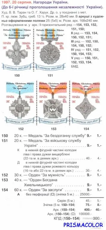 Купити ** УКРАИНА 1997 низ листа Награды Украины