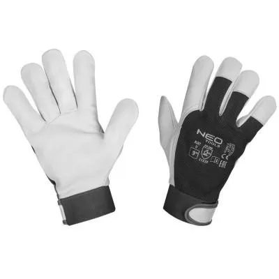 Защитные перчатки Neo Tools козья кожа, фиксация запястья, р.9, черно-белый (97-655-9) Ціна