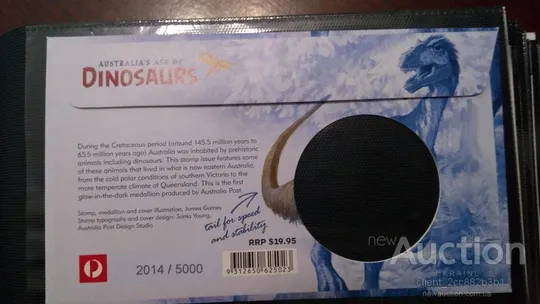 Австралия-Динозавры -2013. Спец конверт с марками и медальоном .  MNH. Продаж