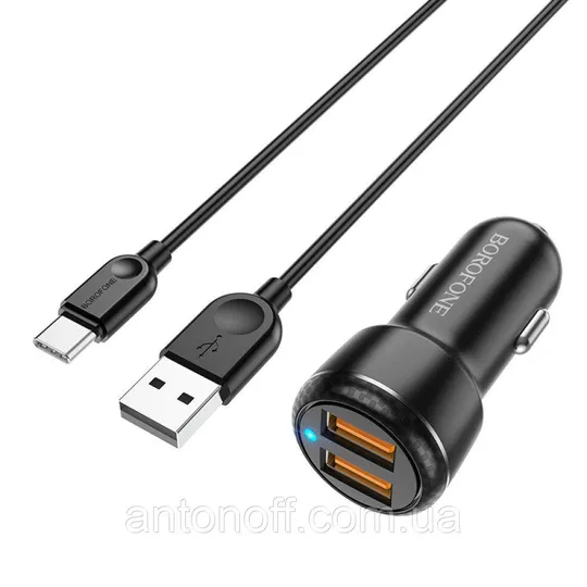 Зарядний пристрій Borofone BZ17 2USB 18W QC3.0 з кабелем Type-C (1м) в авто Чорний З аукціону