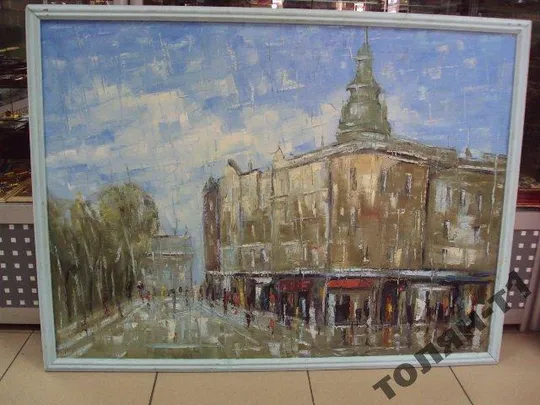 Купити картина Пейзаж город дождь, холст масло С рамой 93,5х70 см, без рамы 90х66 см №12