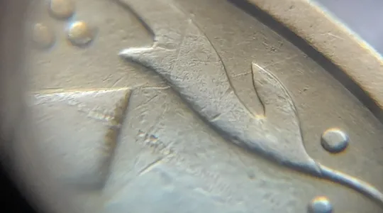 (6004) 25 копійок 1994 1БВк розколи на реверсі між 1 і 2 гр. до "5", у 6 та 8 гр. + царапини штемпеля (25 копеек 1994 1БВк брак, раскол) З аукціону