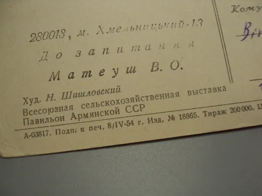 Всесоюзная сельскохозяйственная выставка Павильон Армянской СССР Шишловский 1954 год ссср №18689ч в Україні