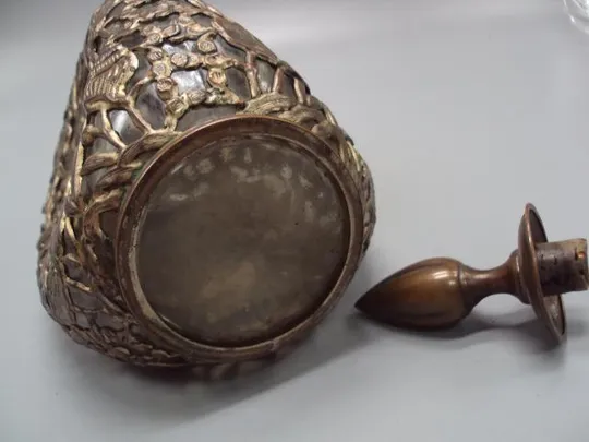 Штоф графин Китай 80-е года стекло, металл узор рыбы цветы рыбки высота с крышкой 28 см №13953 Характеристики