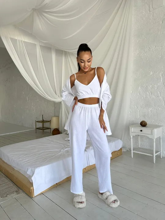 Комплект для дому і сну трійка з мусліну, халат кімоно, топ і штани білий Інтернет-аукціон