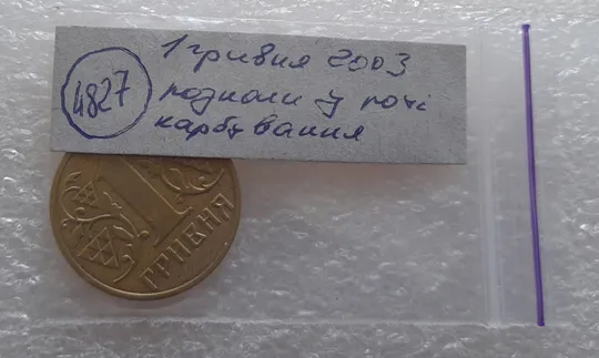 (4827) 1 гривня 2003 розкол у році карбування на аверсі (1 гривна 2003 брак, тріщина штемпеля) Недорого