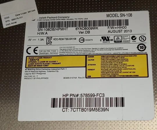 DVD-RW привод з ноутбука HP EliteBook 8470p SN-108 689075-001 578599-FC3 З аукціону