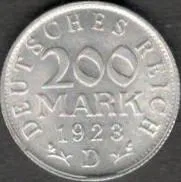 ХАЛЯВА !!! Третий рейх 200 марок &quot;D&quot; 1923 г.  31 янв. 1922 г. приход к власти Гитлера. Первая монета. Ціна