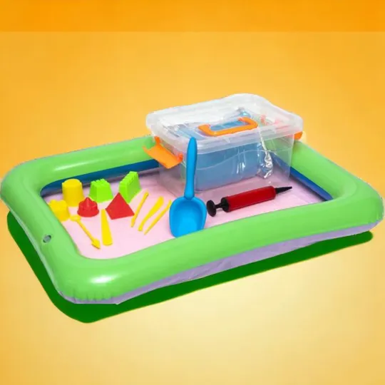 Набор кинетический песок 1 кг в надувной песочнице 44х60 см 6 пластиковых пасочек Зелено-бежевый Продаж