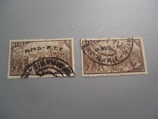 марки Италия 1948 история 8 лир Венеция Триест надпечатка лот 2 шт гаш №2843 Ціна